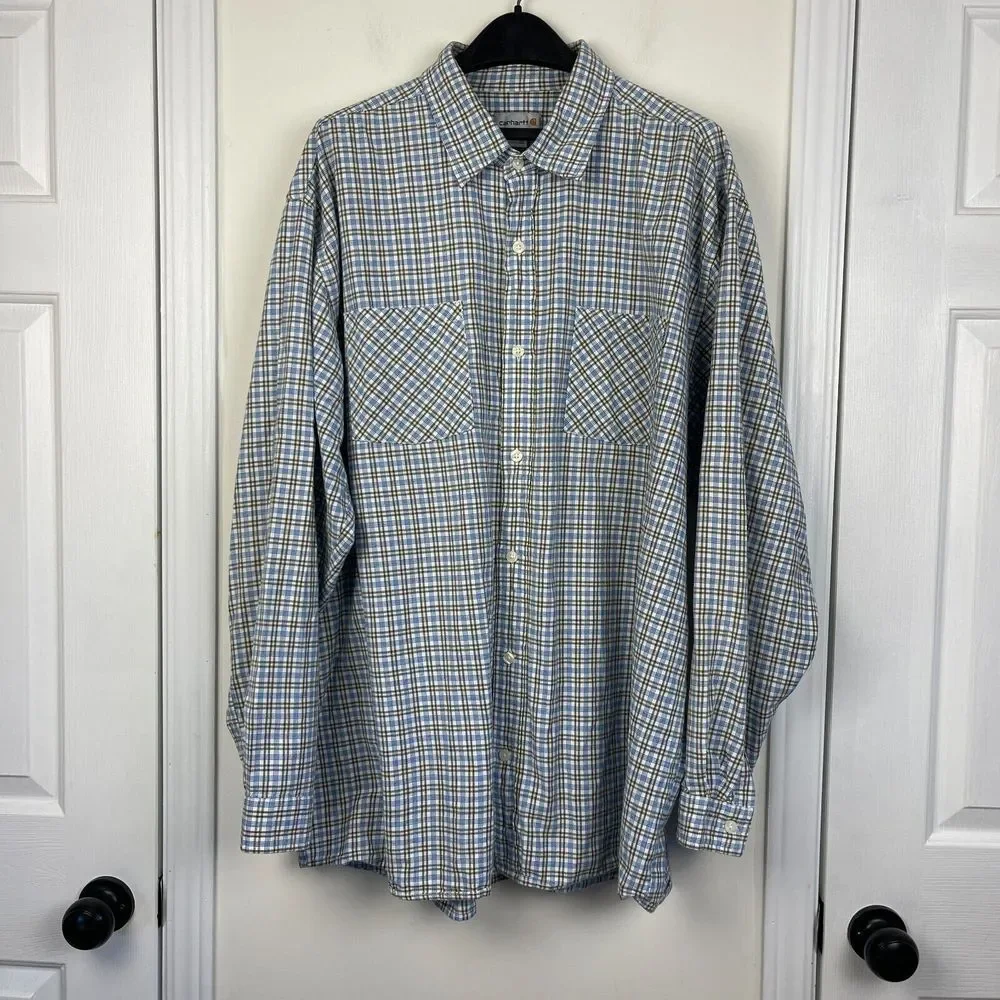Carhartt Mens XXL Lightweight 100% Cotton Long Sleeve Button Up Blue Check *READ - Picture 3 of 8